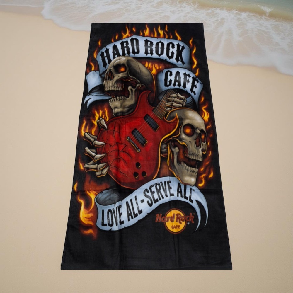Hard Rock Cafe Skull Guitar Graphics Black and Red Beach Towel (New)